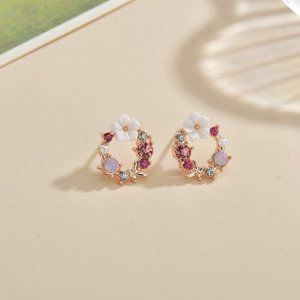 Natural Pearl Crystal Flower Stud Earrings Rose Gold Post Earrings Handmade